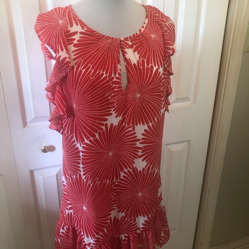 J. Crew Red and White Floral Ruffle Shift Dress